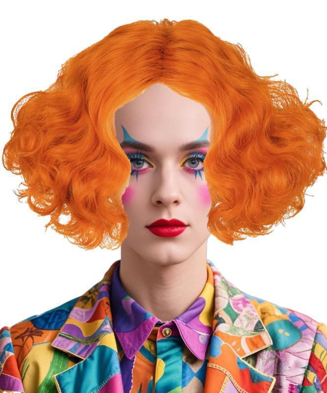 lot 72440 image: Half and Half Short Curly Orange Kinky Hat Costume Wig Ginger Middle Part Wave Synthetic Hair for Women Men Halloween Party Unisex - Retail $19