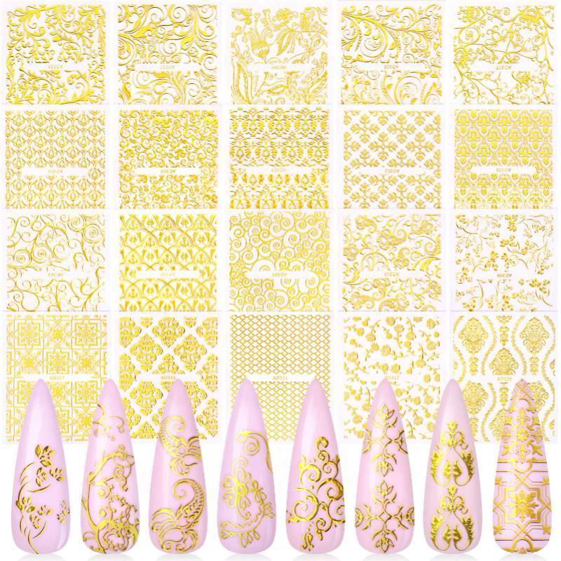 lot 72446 image: Metallic Flowers & Vine Nail Decals - 20 Sheets 3D Flower Lace Adhesive Stickers - Gold Floral Nail Decor - Retail $9