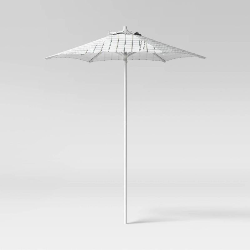 lot 10638 image: 6 Round Grid Monochrome Outdoor Patio Market Umbrellas White with White Pole - Room Essentials - Retail $60