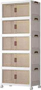 lot 5124 image: $136 Stackable Storage Box with Wheels, 5-Tier Beige Collapsible Bin