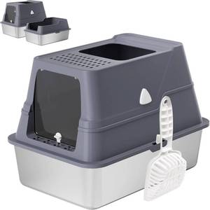 lot 5145 image: $47 Stainless Steel Litter Box with Lid, XL Enclosed High-Wall, Scoop