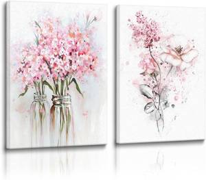 lot 5212 image: Pink Floral Canvas Wall Art, Butterfly Grey Leaf Prints, 12x16