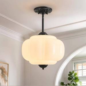 lot 5222 image: $170 Milk Glass Ceiling Light Fixture, 12 Scallop Pendant