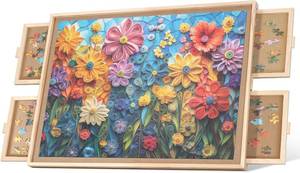lot 5235 image: 1000-Piece Rotating Puzzle Board with 4 Drawers, Wooden Table
