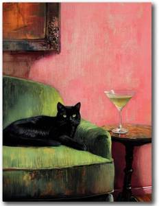 lot 5270 image: UCRAASDEB Framed Funny Black Cat with Martini Canvas Wall Art
