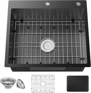 lot 5307 image: $145 Black 25x22 Stainless Steel Drop-In Kitchen Sink with Grid, Drain