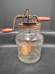 lot 208 image: Antique G.C. Jolly Co. Glass Jar Butter Churn with Cast Iron Mechanism with Wood Handles and Paddles