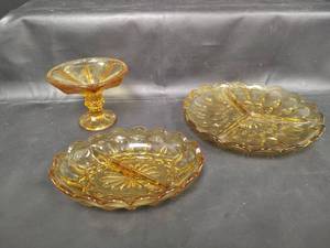 lot 213 image: Vintage Anchor Hocking Honey Amber Glass Serving Set with Compote and Divided Plates