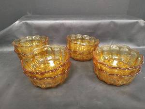 lot 215 image: Vintage Anchor Hocking Honey Amber Glass Bowls with Scalloped Edges, Qty 8
