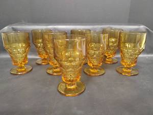 lot 218 image: Vintage Anchor Hocking Honey Amber Glass Footed Goblets, 5.5 Inches Tall, Set of 8