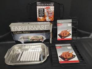 lot 226 image: NEW ITEMS Farberware Classic Series Roasting Pan 8.5 x 13.5,  Two Adjustable Non Stick Roasting Racks and Non Stick Grid Grill