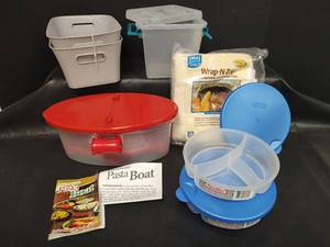 lot 237 image: Microwave Cooking Pasta Boat with Manual, Wrap N Zap Cotton Batting and Assorted Containers