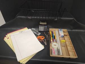 lot 242 image: Office Supply Bundle with Calculator and Wire Basket