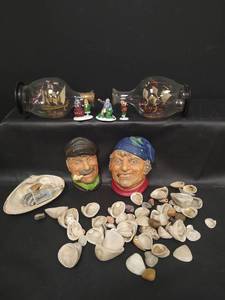 lot 243 image: VTG Nautical Chalkware, Ships in Bottles Collection with Dept 56 The Old Man and The Sea Figurines and Seashells