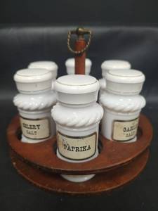 lot 245 image: Vintage Round Wood Spice Rack and Milk Glass Spice Jars