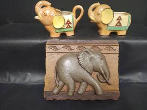 lot 247 image: VINTAGE Creamer and Sugar Set, Lusterware Japanese Elephant, Hand Painted and Elephant Wall Hanging