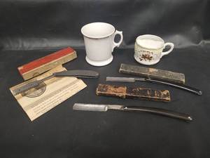 lot 256 image: Vintage Durham Duplex Demonstrator Safety Razor includes Two More Razors and Shaving Mugs