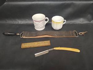 lot 257 image: Vintage Imperial Razor Straight Razor with Leather Strop and Porcelain Shaving Cups