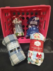 lot 261 image: Fleece Throw Blanket Bundle - 4 Pack Holiday and Pattern Collection and Pink Plastic Crate