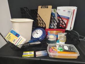 lot 271 image: Office Supply Bundle with Organizers and School Supplies, Staplers, New Folding Fan and Clock