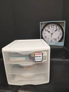 lot 278 image: New Items, Office Supply Bundle with Sharp Wall Clock and Storage Organizers