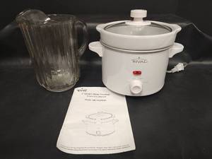 lot 280 image: Rival 2 Quart Slow Cooker with Glass Lid, Insert and Instruction Manual and Glass Pitcher
