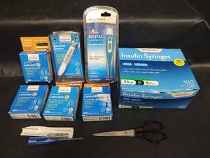 lot 282 image: Diabetes Testing Supply Bundle, Lancets, Syringes, and Digital Thermometers
