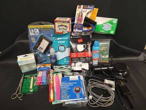 lot 283 image: Mixed Health and Personal Care Items Lot, Masks, New Lock Wallet with RFID, Phone Charger Cords, Insect Repellent