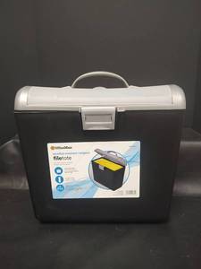 lot 292 image: New OfficeMax Weather-Resistant Compact File Storage Box with Hanging Folders and Handle
