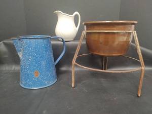 lot 298 image: Vintage Blue Enamelware, Ceramic Pitcher and Bowl in Stand