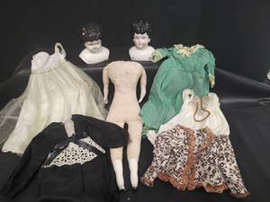 lot 300 image: Vintage-Two Porcelain China Doll Heads with Cloth Body, Porcelain Arms and Legs. Includes Dresses