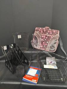 lot 317 image: Office Bundle - File Organizers, Waste Basket, and Pink Laptop School Bag