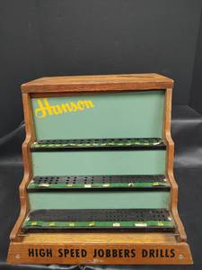 lot 322 image: Vintage Hanson High Speed Jobber Drill Bit Display Rack, Oak