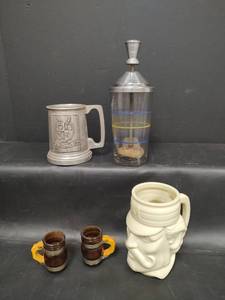 lot 323 image: VTG  Barware, North Bros Ice Crusher 20 oz , Casey at the Bat Tankard, Wilton Pewter Mug and Mini Mugs