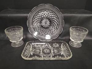lot 341 image: Vintage Items, Anchor Hocking Wexford Divided Relish Plate, Anchor Hocking Starburst Rectangular Dish and Hazel Atlas Big Top Peanut Butter Sherbet Cups