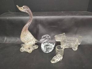 lot 345 image: Vintage Venetian Murano Italy Clear and Gold Glass Duck Figurine with VTG 1930s Scottie Terrier Dish and More