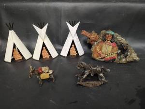 lot 350 image: Native American Figurine with Plastic Teepees and Metal Animals