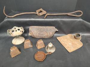 lot 354 image: Vintage Cast Iron Cow Bells, Farm Tools, Mini Skillet and More