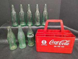 lot 357 image: Vintage 6 oz Coca-Cola Glass Bottles with Red Plastic Carrier