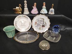 lot 359 image: Vintage Lot - Decorative Plates, Glass Bowls, Ceramic Figurines, Bells and Paper Weights