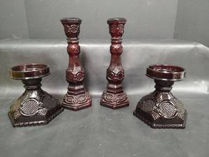 lot 360 image: Vintage Avon 1876 Cape Cod Ruby Red Glass Candle Holders