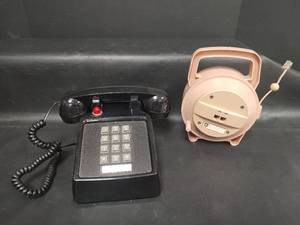 lot 378 image: Vintage Push Button Desk Phone with Message Light and Vtg Pink Telephone Retractable Cord Reel with Double Outlet