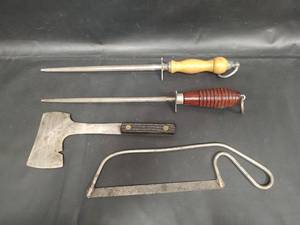 lot 379 image: Vintage Twin A.A. Cutlery Co. Knife Sharpener with Steel Hatchet and Saw
