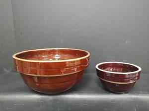 lot 381 image: Vintage Stoneware Brown Glazed Bowls, 9 and 5 inch, USA Pottery Stamp