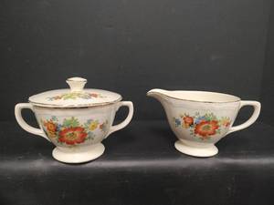 lot 387 image: Vintage Edwin M. Knowles China Floral Sugar Bowl and Creamer