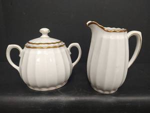 lot 388 image: Vintage Wurttemberg White Porcelain Creamer and Sugar Set with Gold Rim