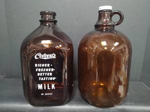 lot 390 image: Vintage Colverts Glass Milk Bottle and One Gallon Jug