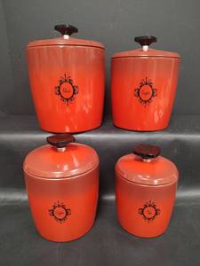 lot 395 image: Vintage West Bend Burnt Orange Aluminum Kitchen Canister Set