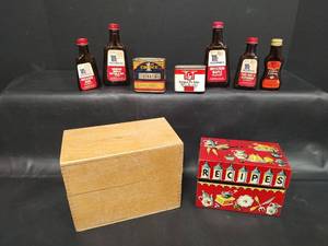 lot 421 image: Vintage Red Metal and Wood Recipe Box with Empty VTG Bottles and Spice Cans