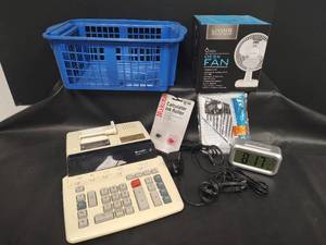 lot 448 image: NIB 6in Fan, Sharp Calculator, Phone Cords, Alarm Clock and Accessories